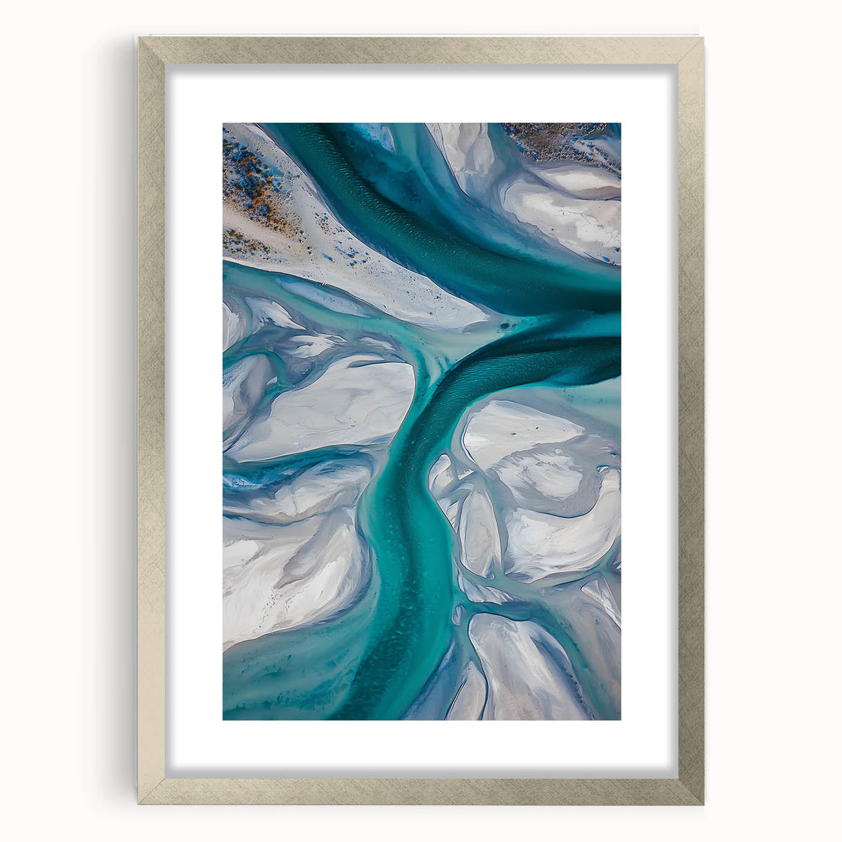 Framed landscape artwork featuring serene sand dunes in soft beige and gold tones, complemented by a sleek silver mat and frame, ideal for modern decor.