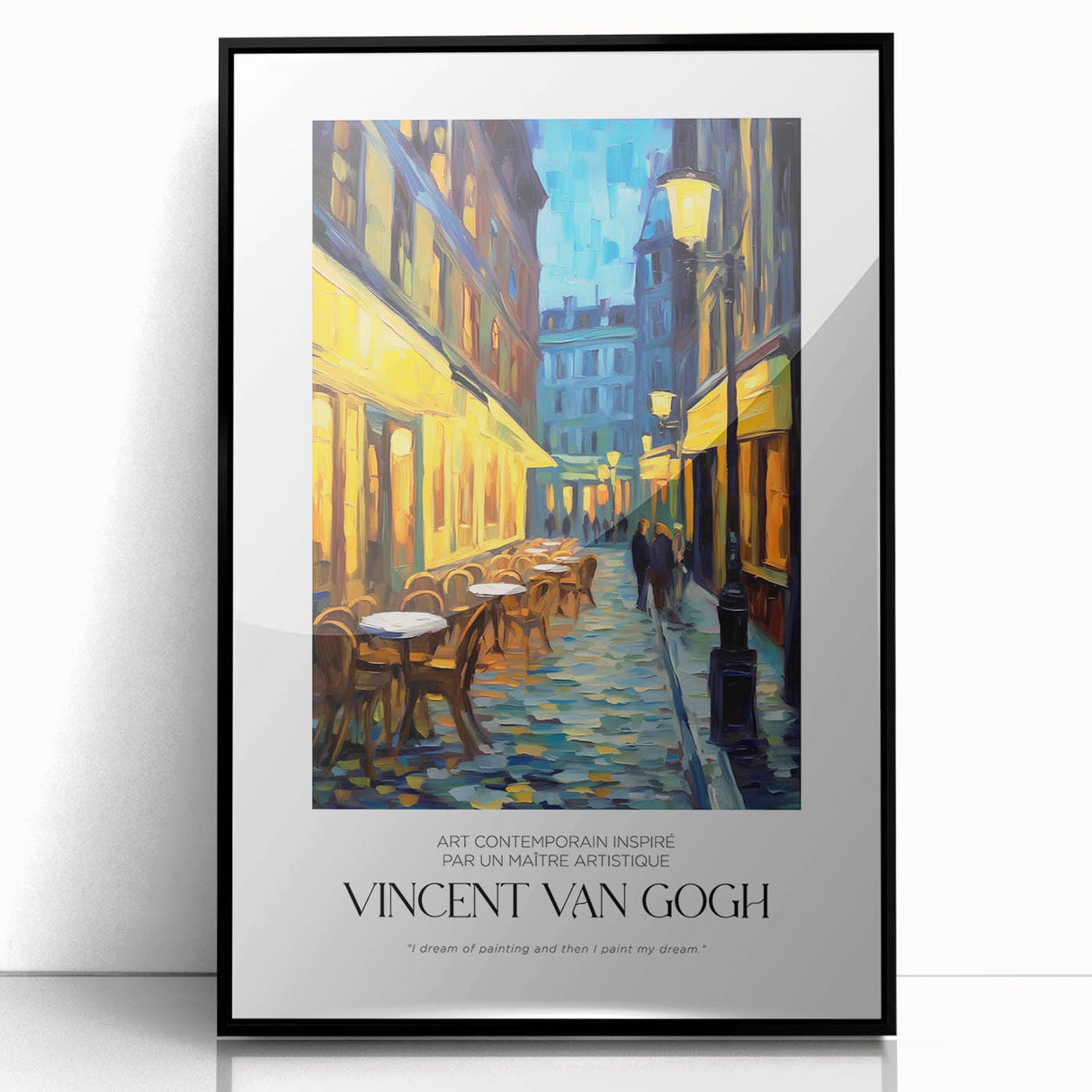 Large abstract wall art depicting a swirling sky in vibrant blue and yellow tones, framed in black acrylic.
