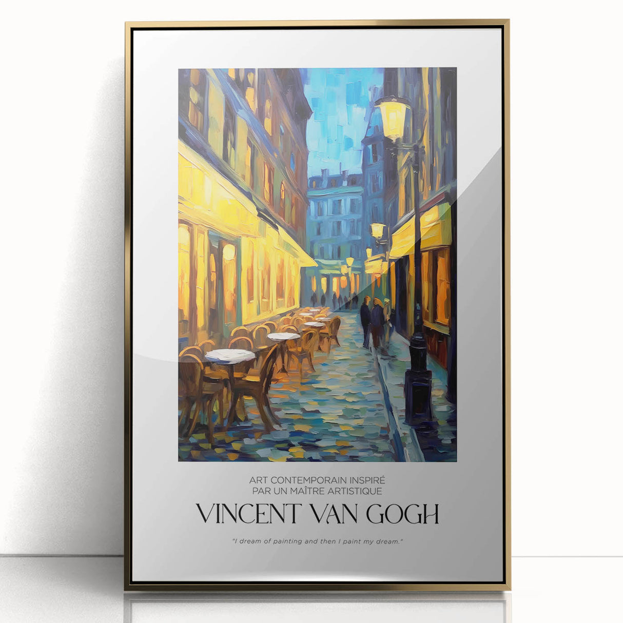 Impressionist-style large art print of a starry night sky in vibrant blue and gold tones on framed acrylic.