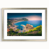 Abstract art print depicting an Algerian landscape in muted earth tones, framed in silver, ideal for dining room decor.