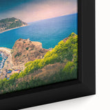 Extra large framed canvas depicting a textured, colorful African scenery in black, ideal for living room decor.