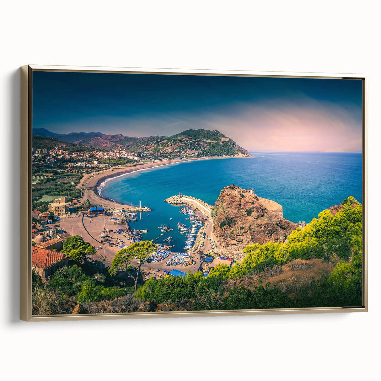 Framed canvas of a vintage-style Algerian landscape painting, featuring vibrant colors against a black background.