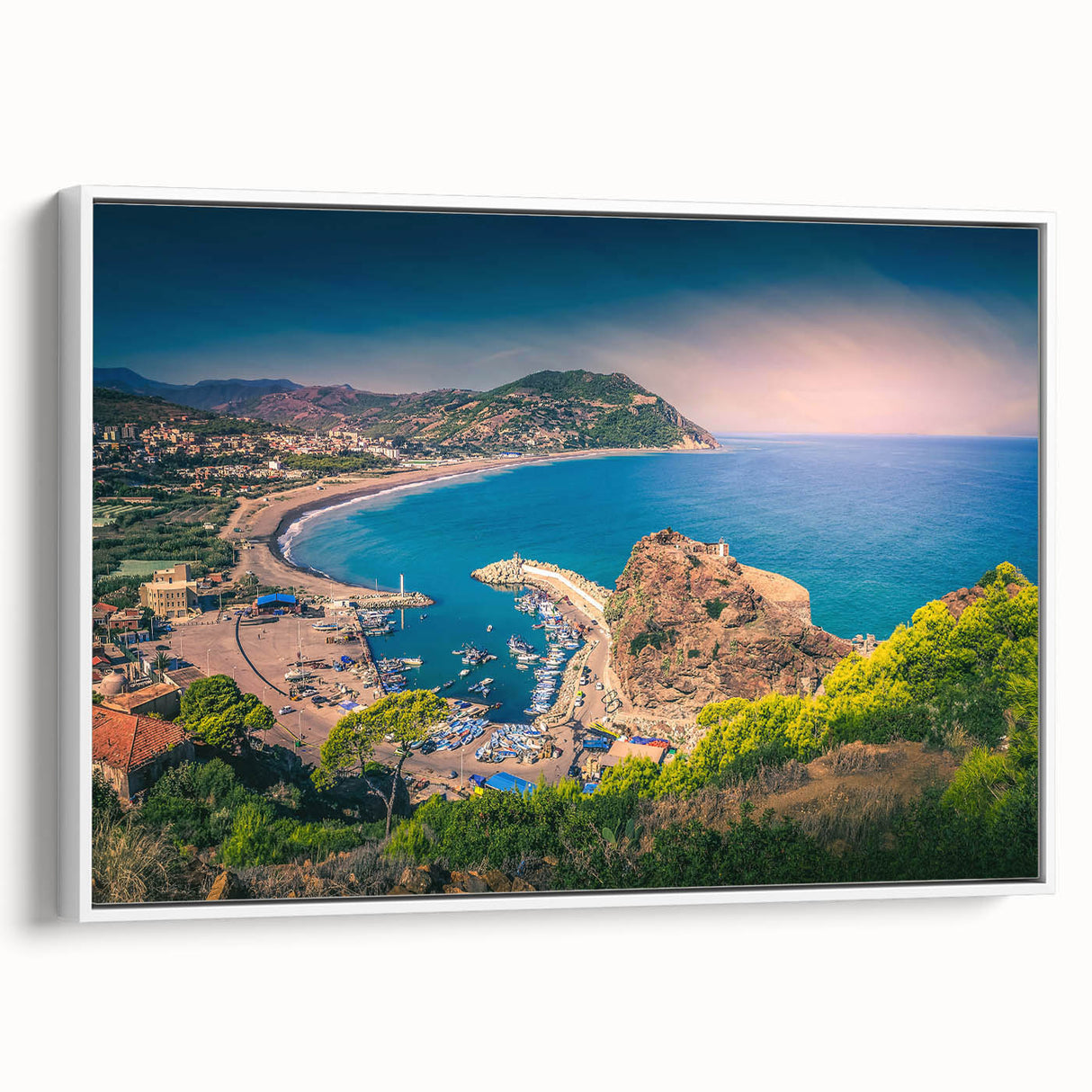 Framed canvas featuring a vintage-style landscape painting of the Algerian scenery, in muted earth tones.