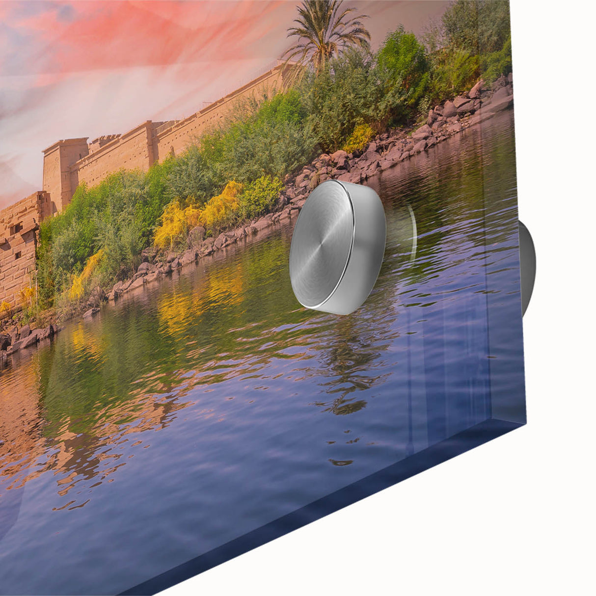 Large abstract depiction of Egyptian scenery in muted earth tones on acrylic glass, ideal for dining room art.