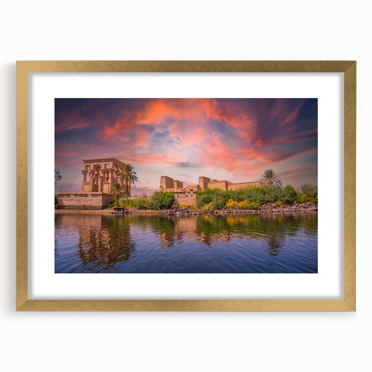 Textured abstract art print depicting an African scenery in earthy tones, framed with a gold mat, ideal for bedroom art.