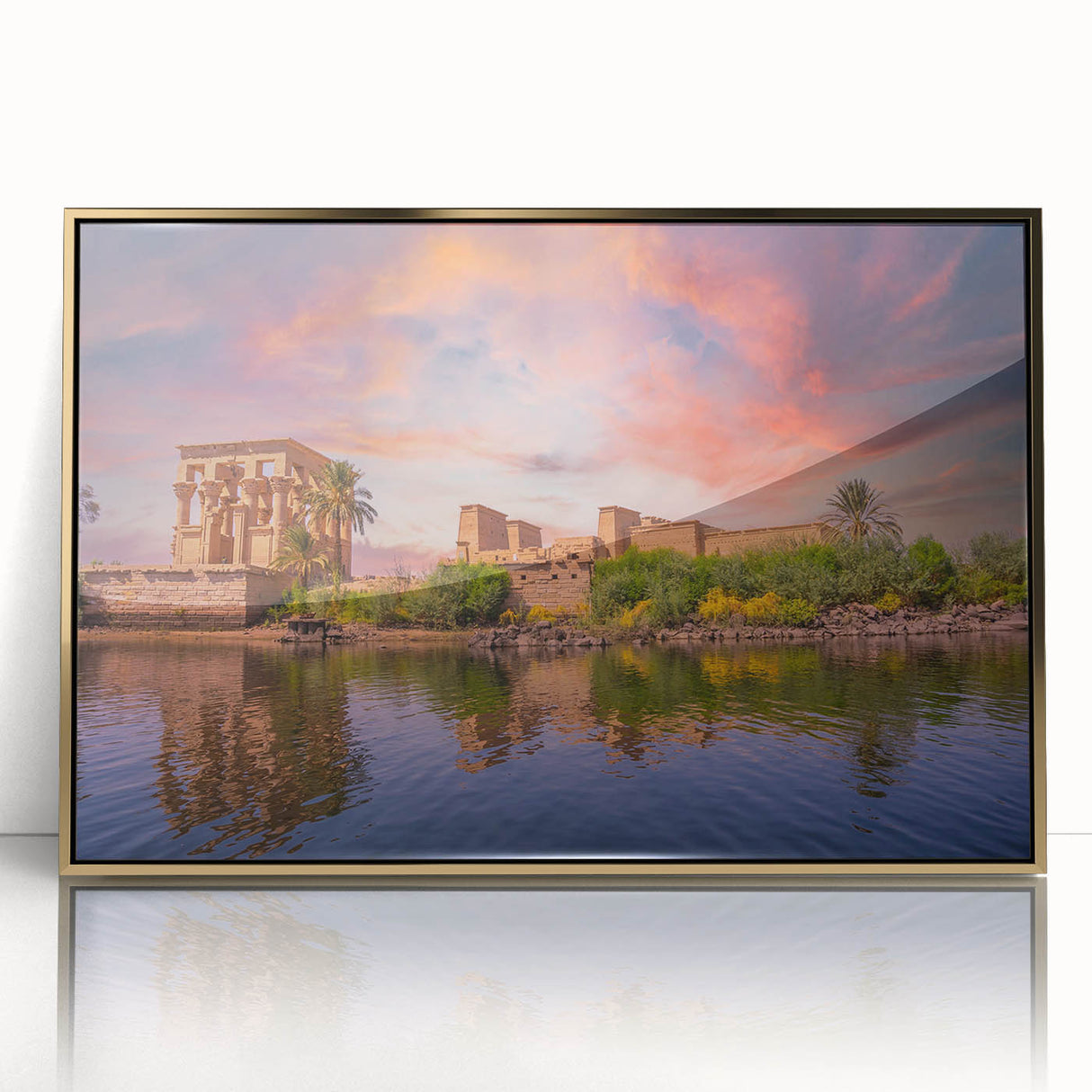 Framed acrylic painting of Egyptian scenery in gold and blue tones.