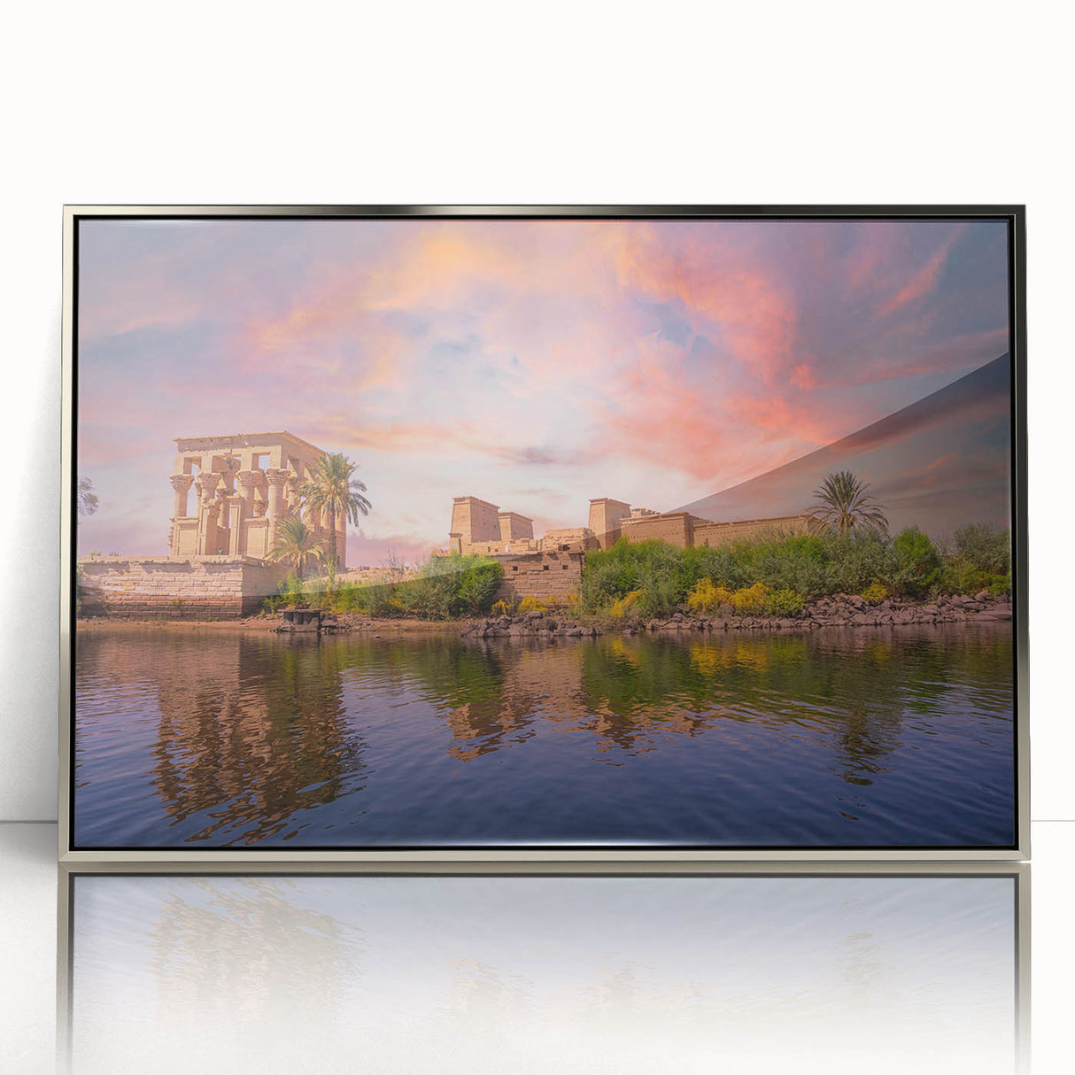 Art deco poster of an Egyptian landscape in muted gold and blue tones on a framed acrylic, ideal for modern art wall decor.