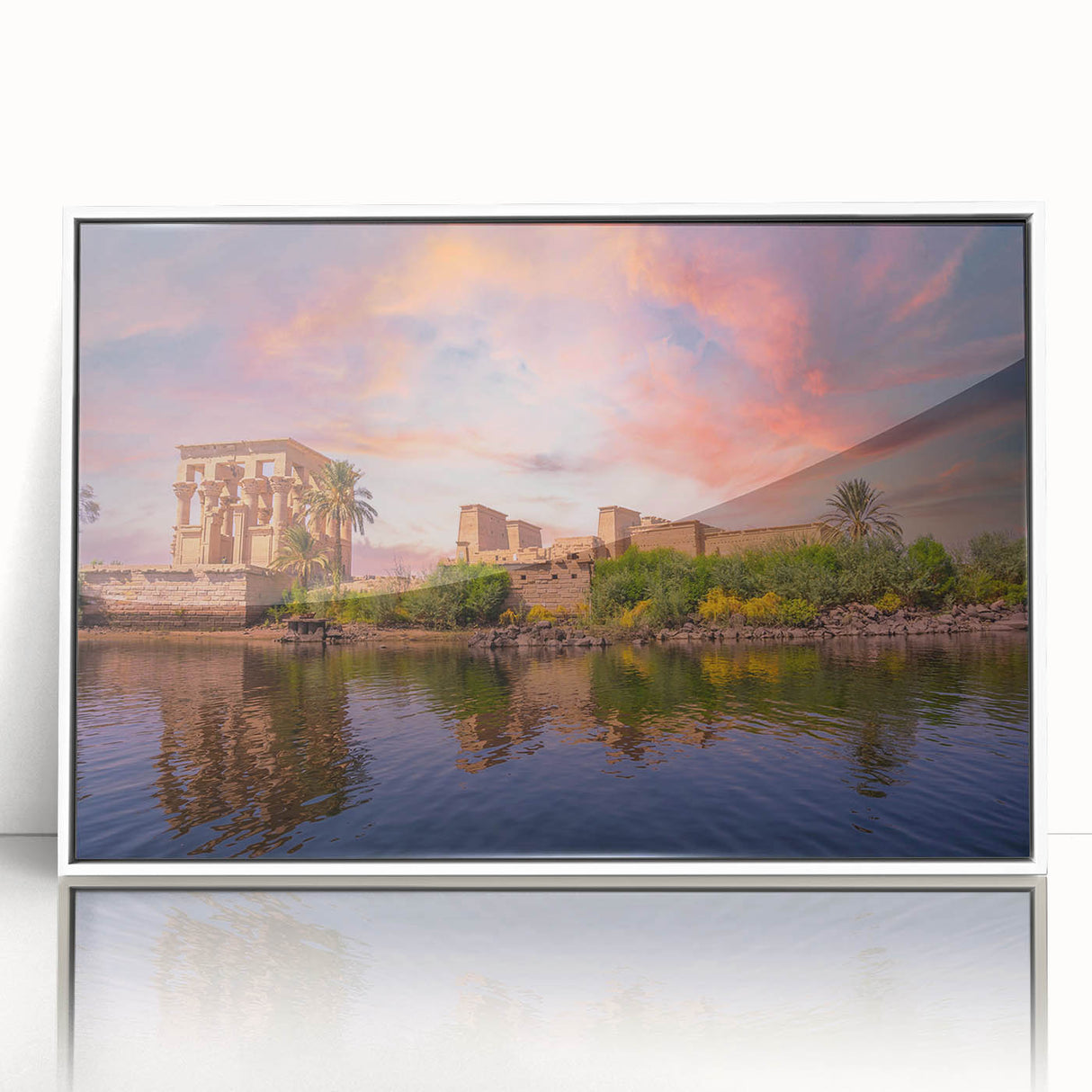 Large art print of an Egyptian scenery in muted earth tones on a framed acrylic, suitable for modern art wall decor.