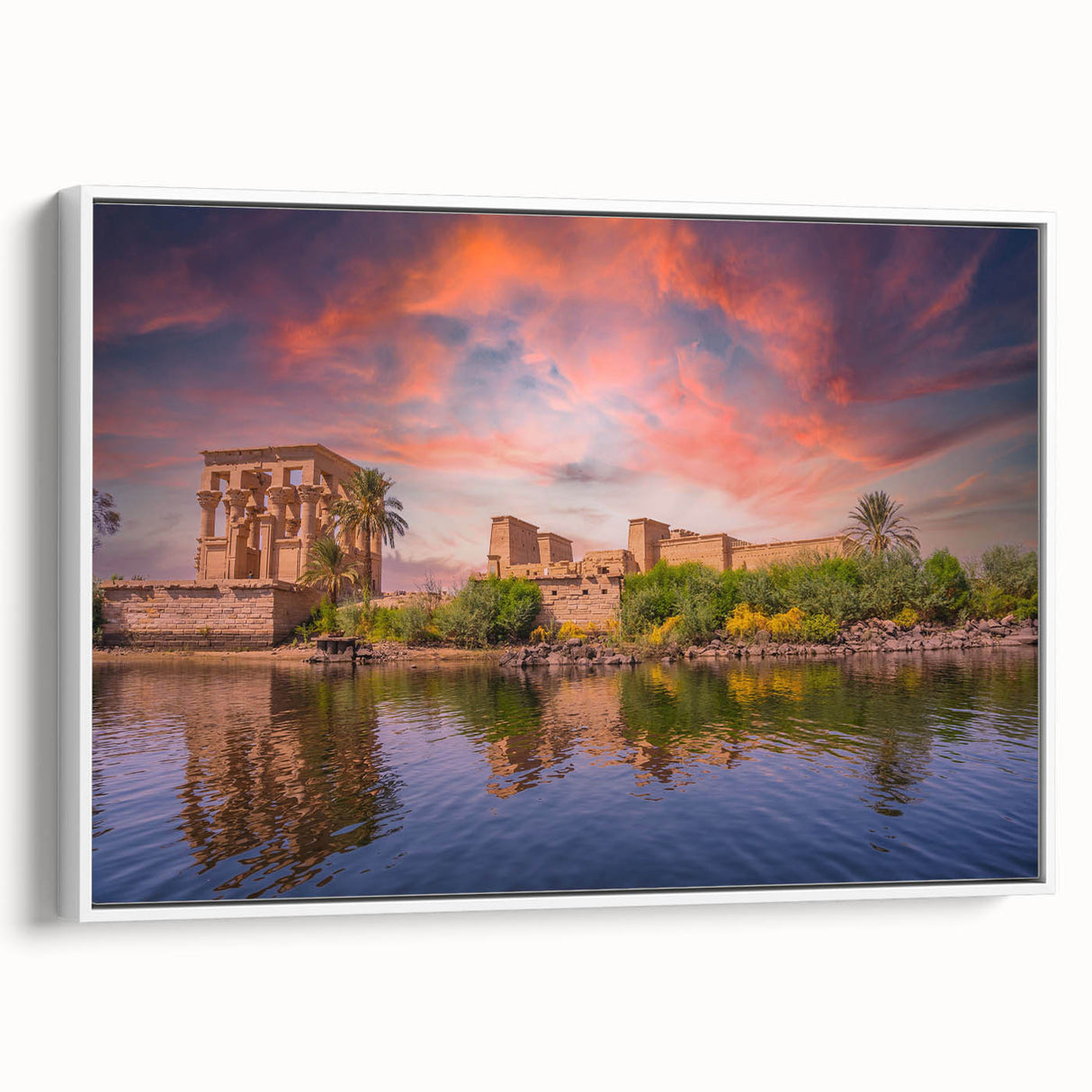 Framed canvas featuring a vintage-style Egyptian landscape with prominent black and neutral tones.