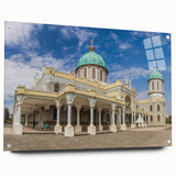 Large abstract wall art depicting vibrant Ethiopian scenery on acrylic glass, ideal for dining room decor.