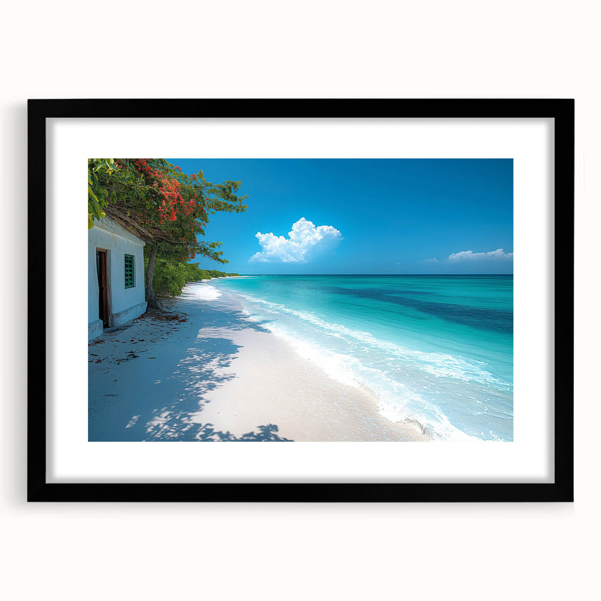 Extra large abstract art print of a colorful Kenyan landscape on textured canvas, framed in black.