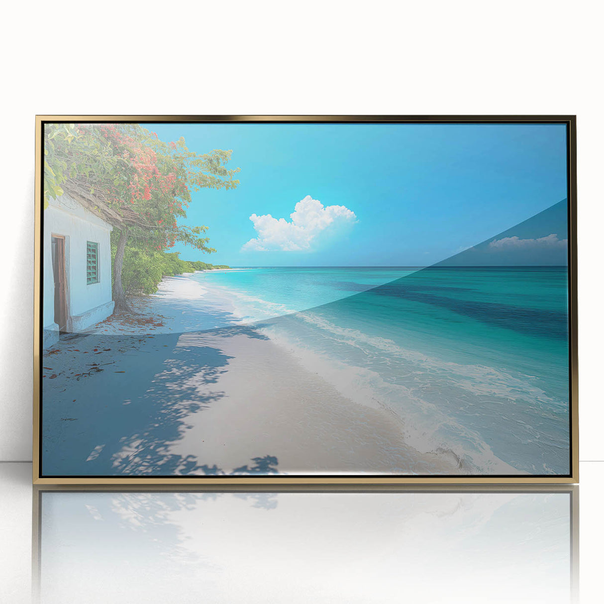Mid-century modernist art depicting a serene Kenyan landscape in warm gold and earth tones, framed acrylic.