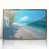 Mid-century modernist art depicting a serene Kenyan landscape in warm gold and earth tones, framed acrylic.