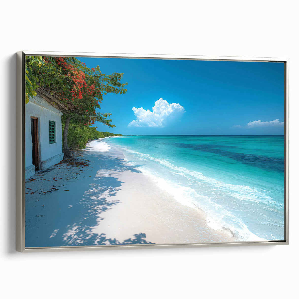 Vintage poster art of a Kenyan landscape on framed canvas, featuring vibrant colors and black accents.