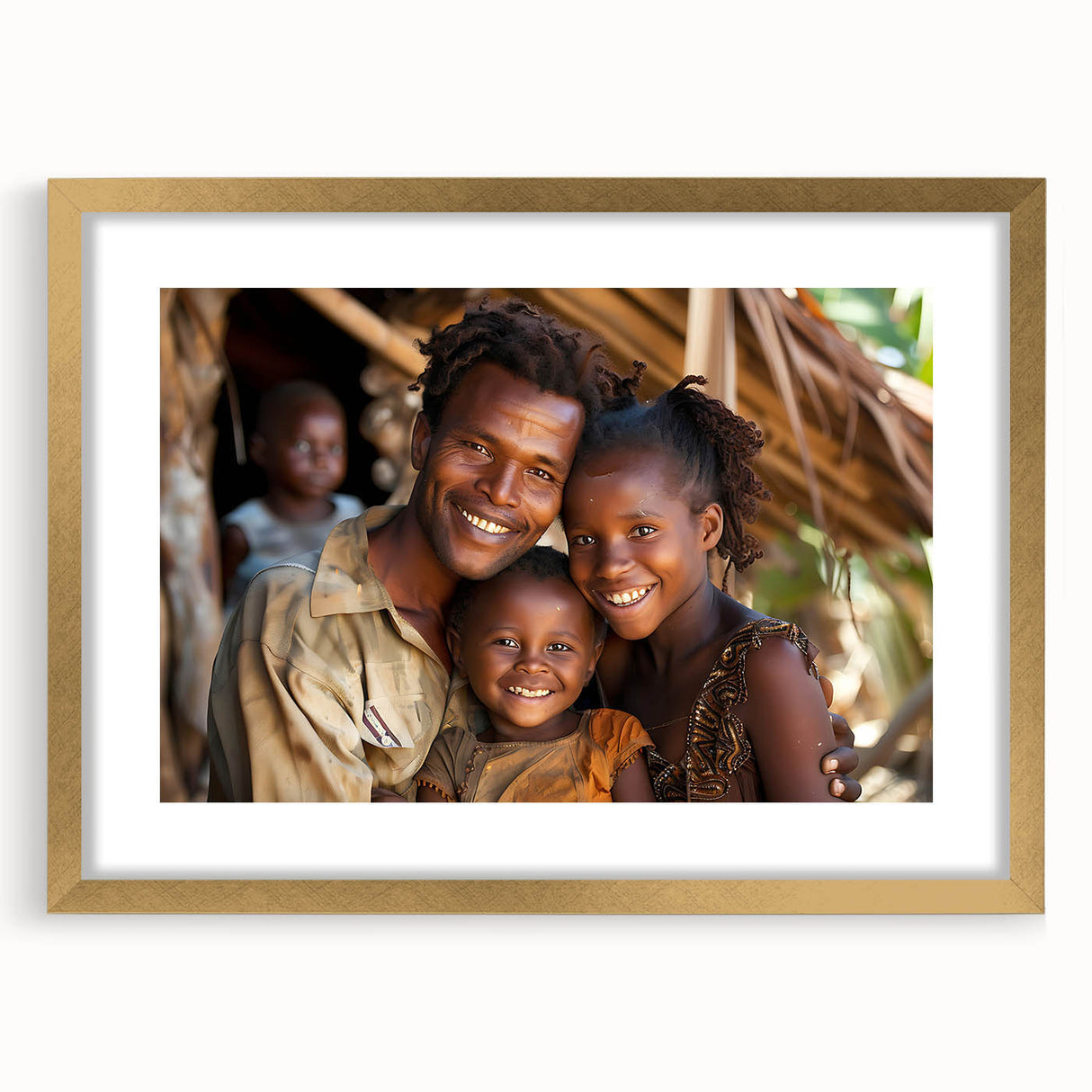 Textured abstract art print of Madagascar scenery in muted earth tones, framed in gold, ideal for bedroom art.