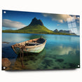 Acrylic print of a large abstract depiction of Mauritius scenery, in vibrant blue and green tones.