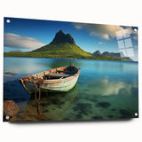Acrylic print of a large abstract depiction of Mauritius scenery, in vibrant blue and green tones.