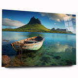 Large abstract wall art of a Mauritius scenery in muted blue and green shades on acrylic glass.