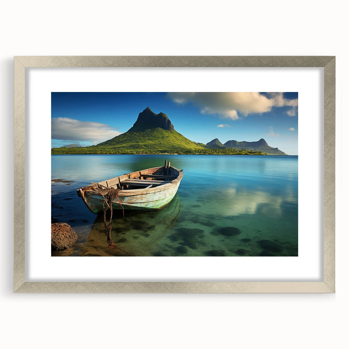 Abstract art print of Mauritian landscape in muted blue and green tones on a framed silver mat, ideal for dining room decor.