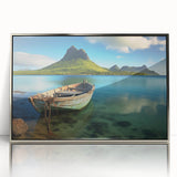 Acrylic print of a serene Mauritius scene with silver frame, featuring soft blue and green hues.