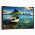 Black and white framed canvas featuring a vintage-style landscape of Mauritius, ideal for bedroom wall decor.