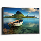 Black and white framed canvas featuring a vintage-style landscape of Mauritius, ideal for bedroom wall decor.
