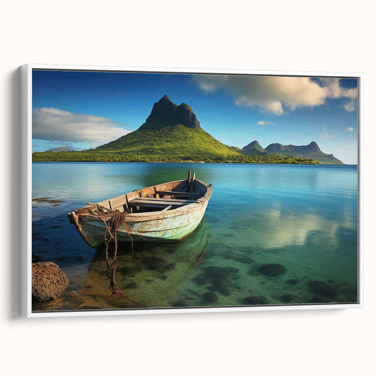 Framed canvas of a vintage-style Mauritius landscape in muted earth tones, ideal for bedroom wall art.