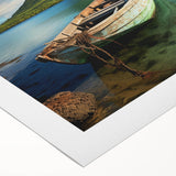 Art deco poster featuring a scenic view of Mauritius with vibrant blue and green tones on rolled canvas.