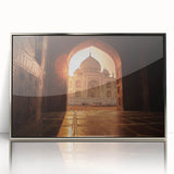 Art Deco style poster featuring a Moroccan landscape in muted earth tones, framed in silver acrylic.