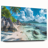 Acrylic print of a Seychelles scenery in muted blue and green tones, suitable for bedroom or dining room decor.