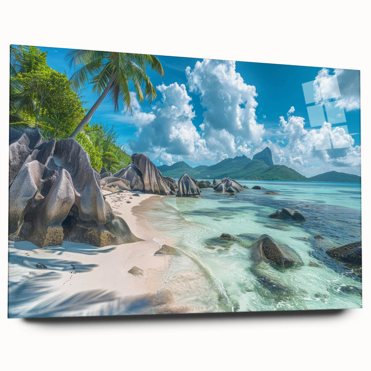 Large abstract wall art of Seychelles scenery in vibrant blue and green on acrylic glass.