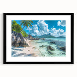 Extra large colorful abstract art print of a Seychelles scenery on textured canvas, framed in black.