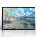 Large abstract wall art depicting a serene Seychelles landscape in muted blue and green tones, framed in black acrylic.