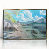 Acrylic print of a Seychelles scenery in art deco style, framed in gold, ideal for modern art wall decor.