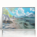 Mid-century modernist art depicting Seychelles scenery in acrylic, framed in white, suitable for nursery wall art.