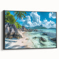 Black and white landscape art of Seychelles on framed canvas, ideal for bedroom wall decor.