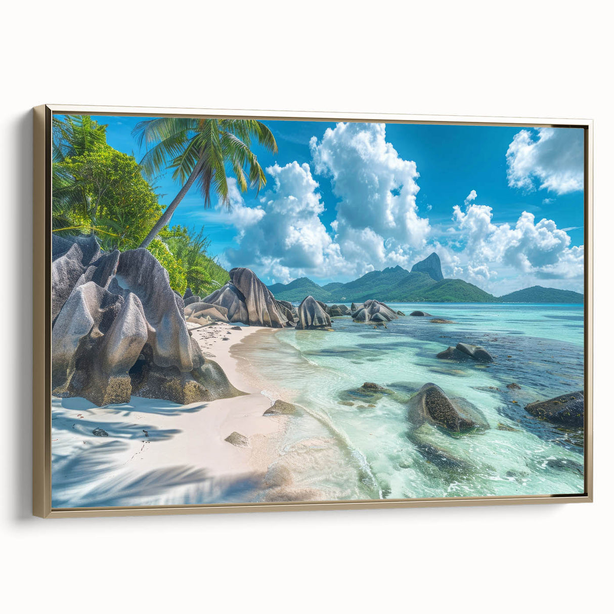 Framed canvas depicting a Seychelles landscape in muted earth tones, ideal for bedroom wall art.