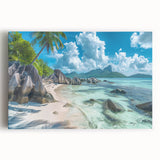 Black and white photograph of Seychelles scenery on stretched canvas, suitable for kitchen or bedroom wall art.