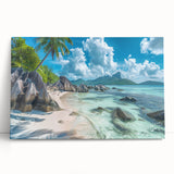 Large black and white photo of Seychelles scenery on stretched canvas, ideal for kitchen wall art.