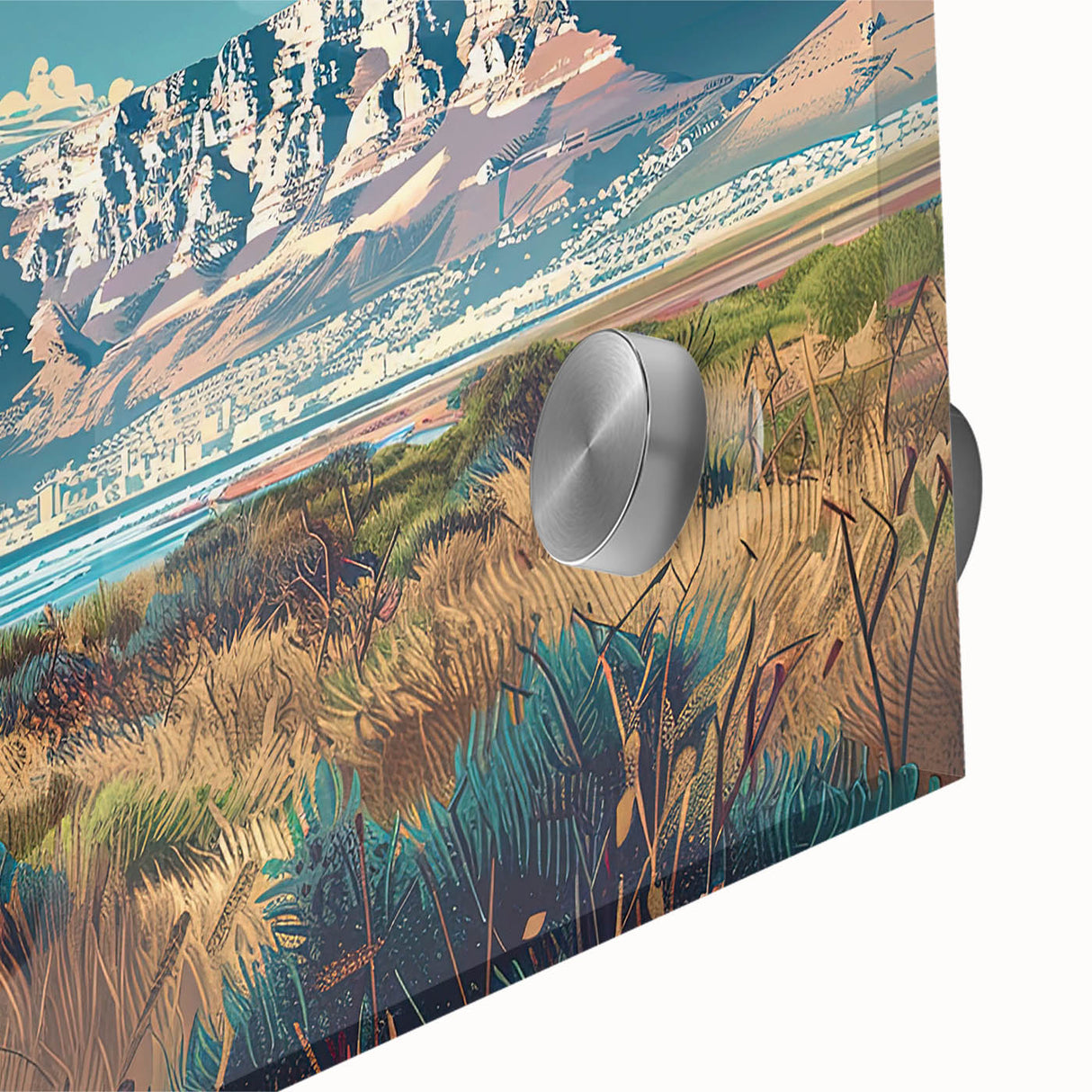 Large abstract wall art depicting South African scenery in mid-century modernist style on acrylic glass.