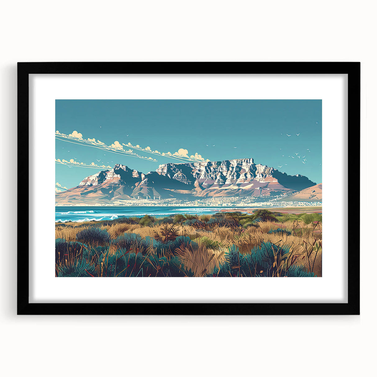 Extra large abstract art print featuring a vibrant, colorful African scenery on a textured canvas, framed in black.