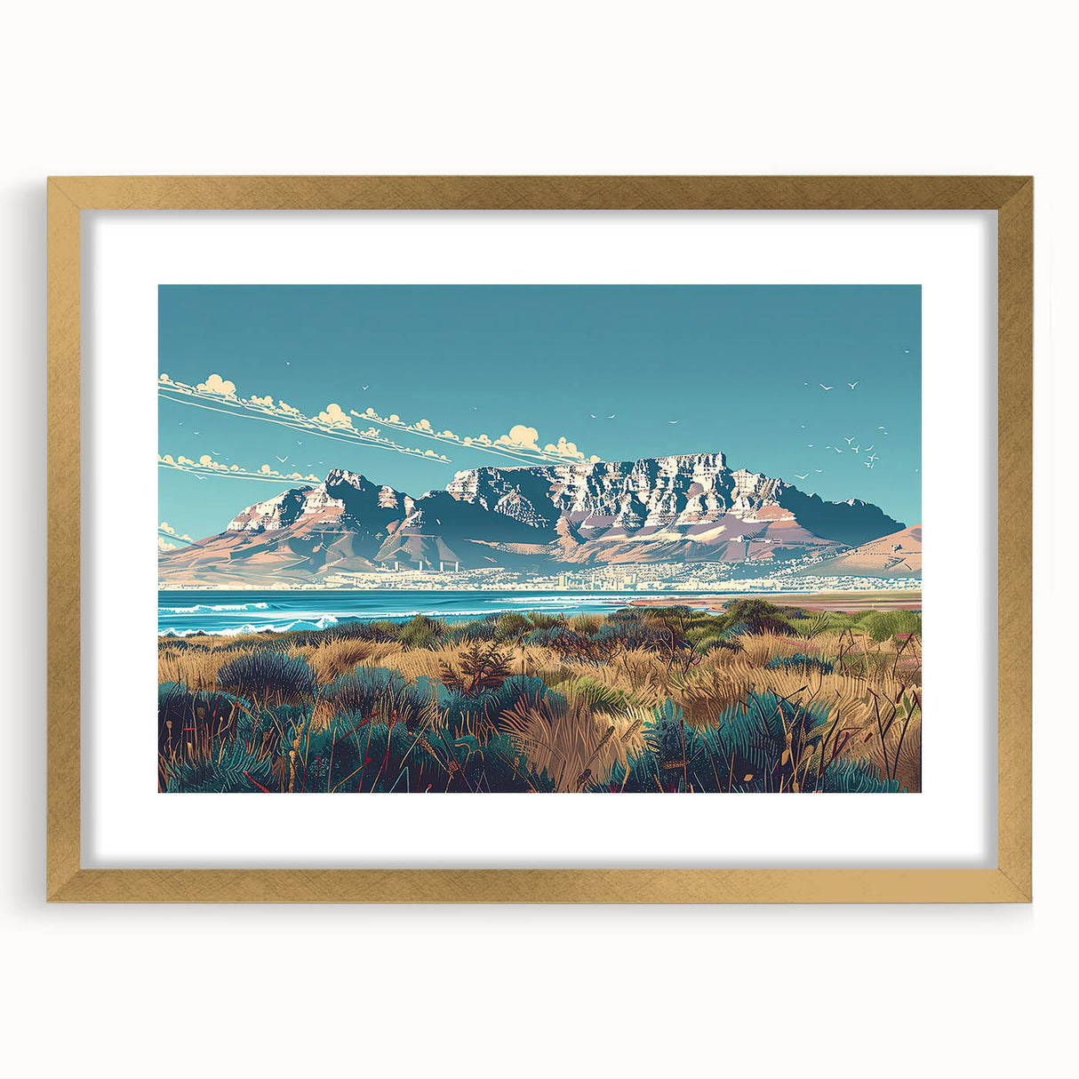 Abstract art print of an African landscape in muted earth tones on a framed canvas, suitable for dining room decor.