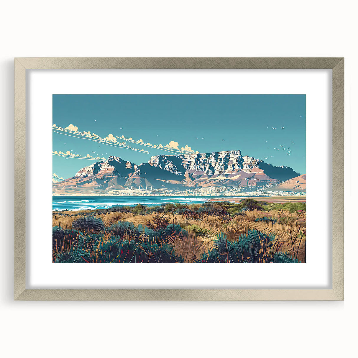 Extra large abstract art print of a South African scenery in silver frame, ideal for living room decor.