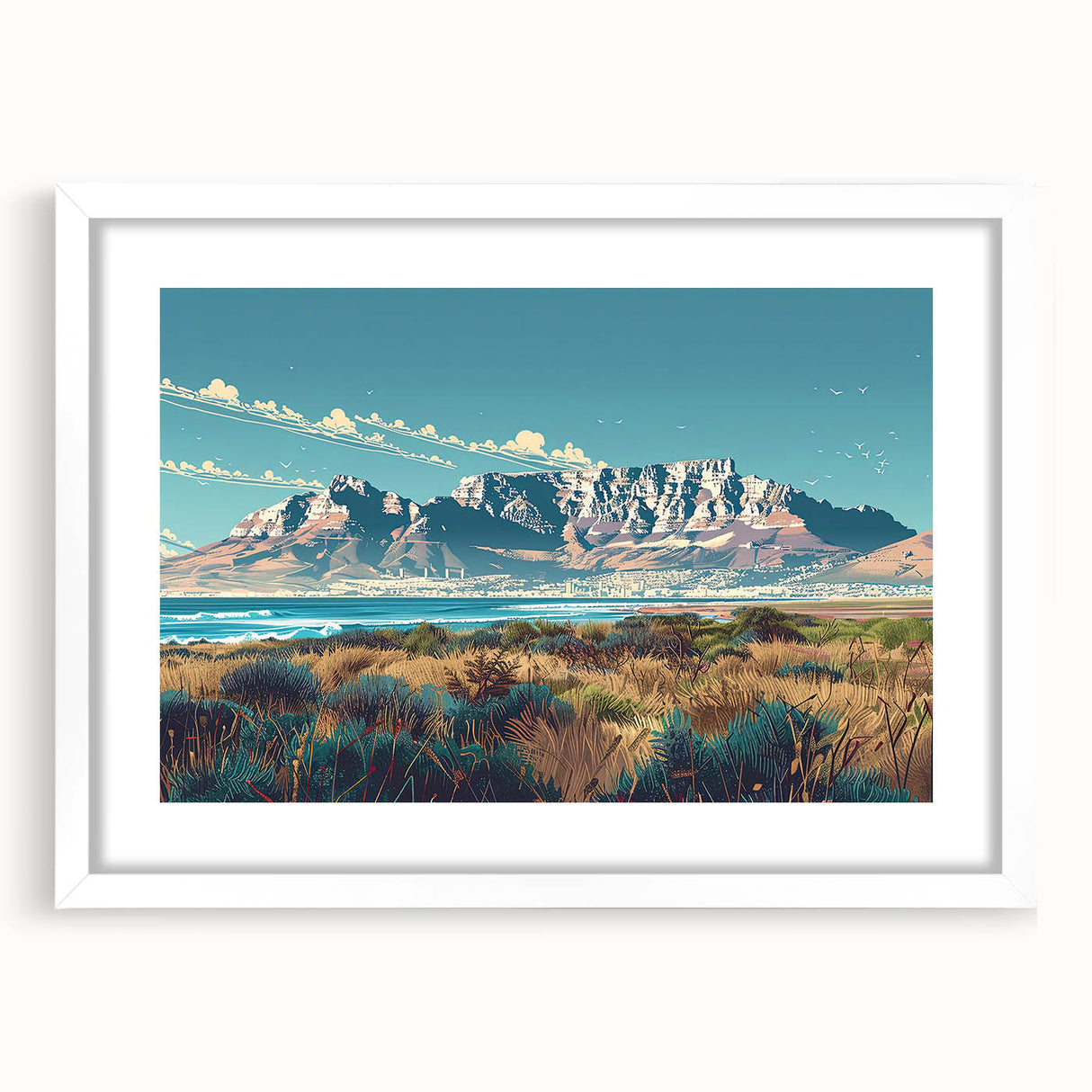 Textured abstract art print depicting a South African landscape in muted earth tones on a framed white mat.