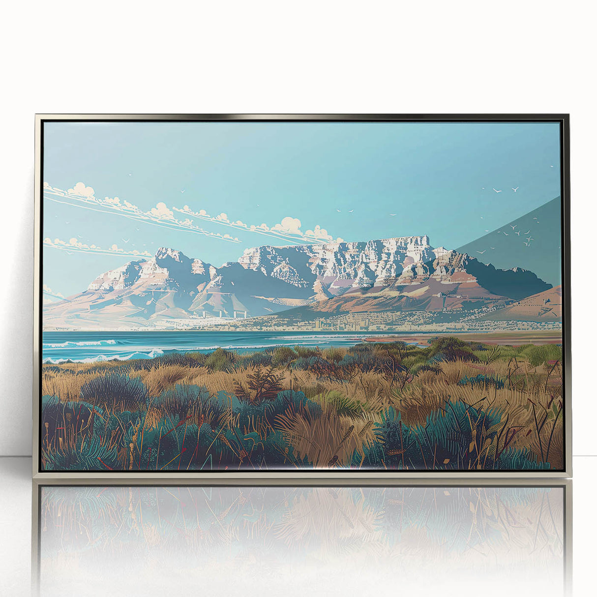 Mid-century modernist art depicting a South African scenery in muted earth tones on a silver-framed acrylic print.