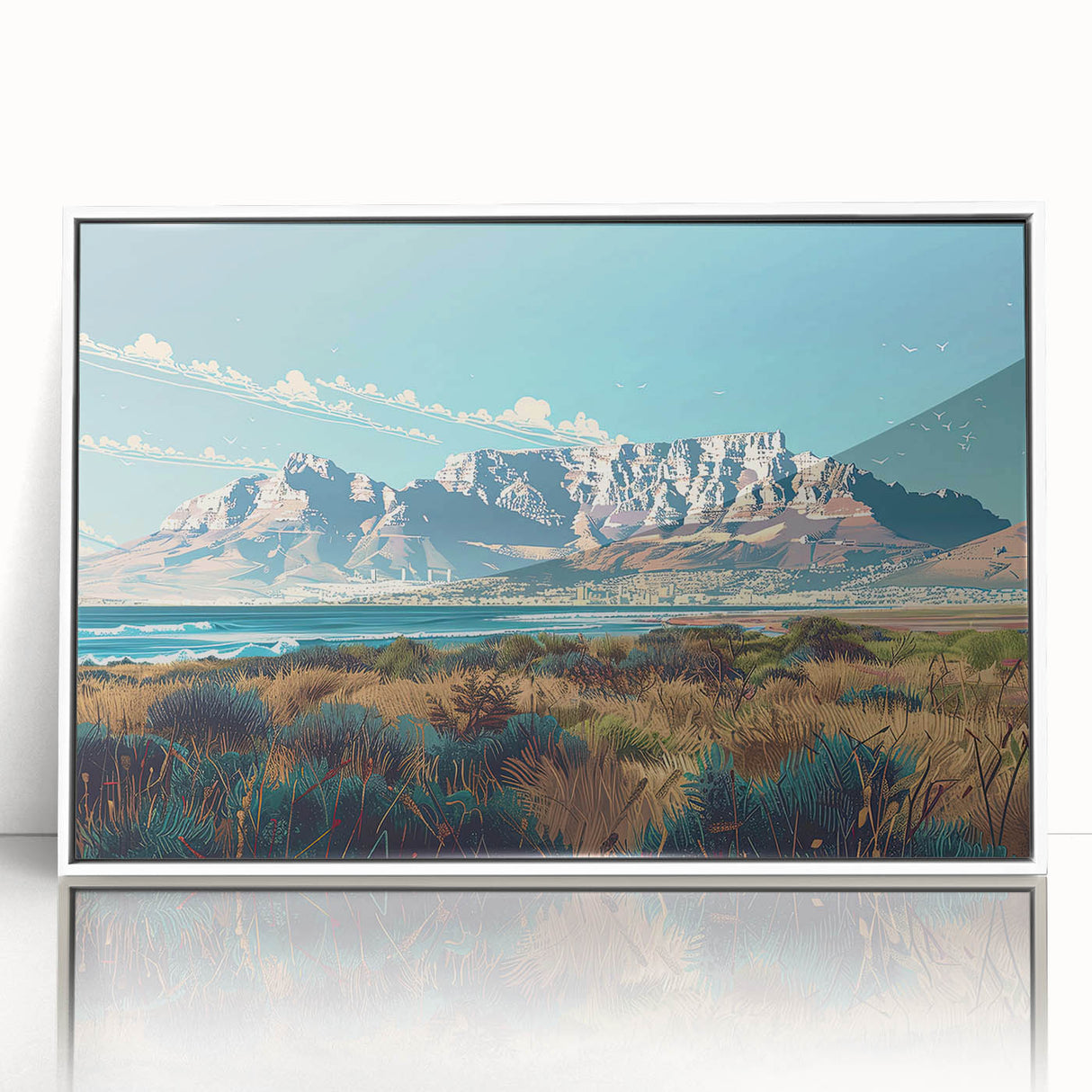 Art deco style poster depicting a stylized South African landscape in muted earth tones, framed in white acrylic.