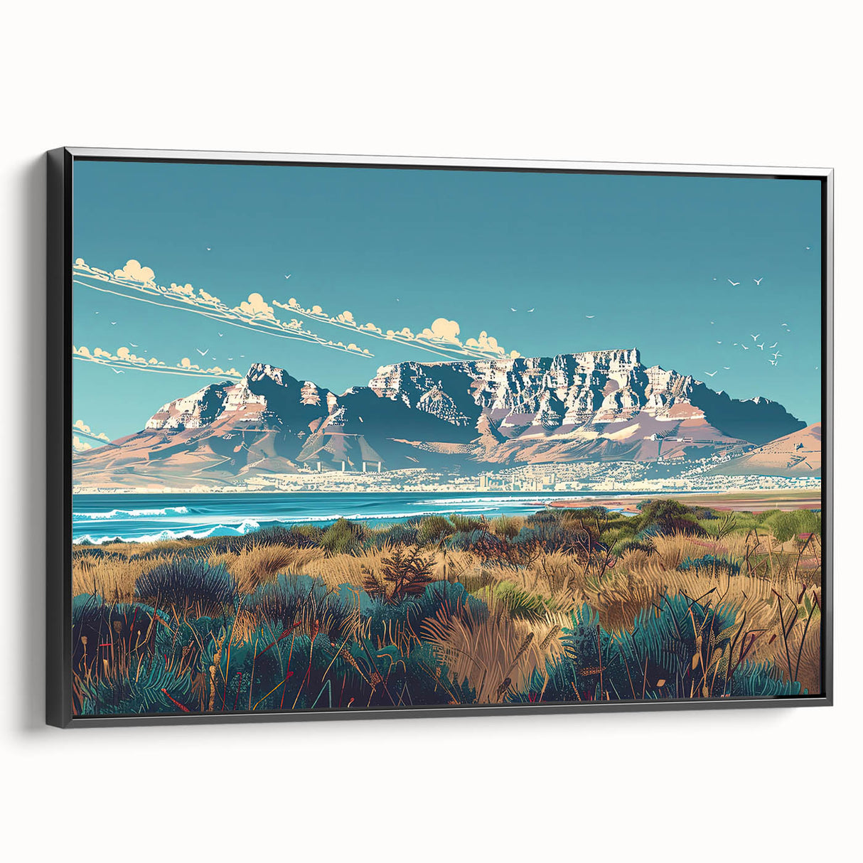 Black and white framed canvas featuring a vintage-style South African landscape, ideal for bedroom wall decor.