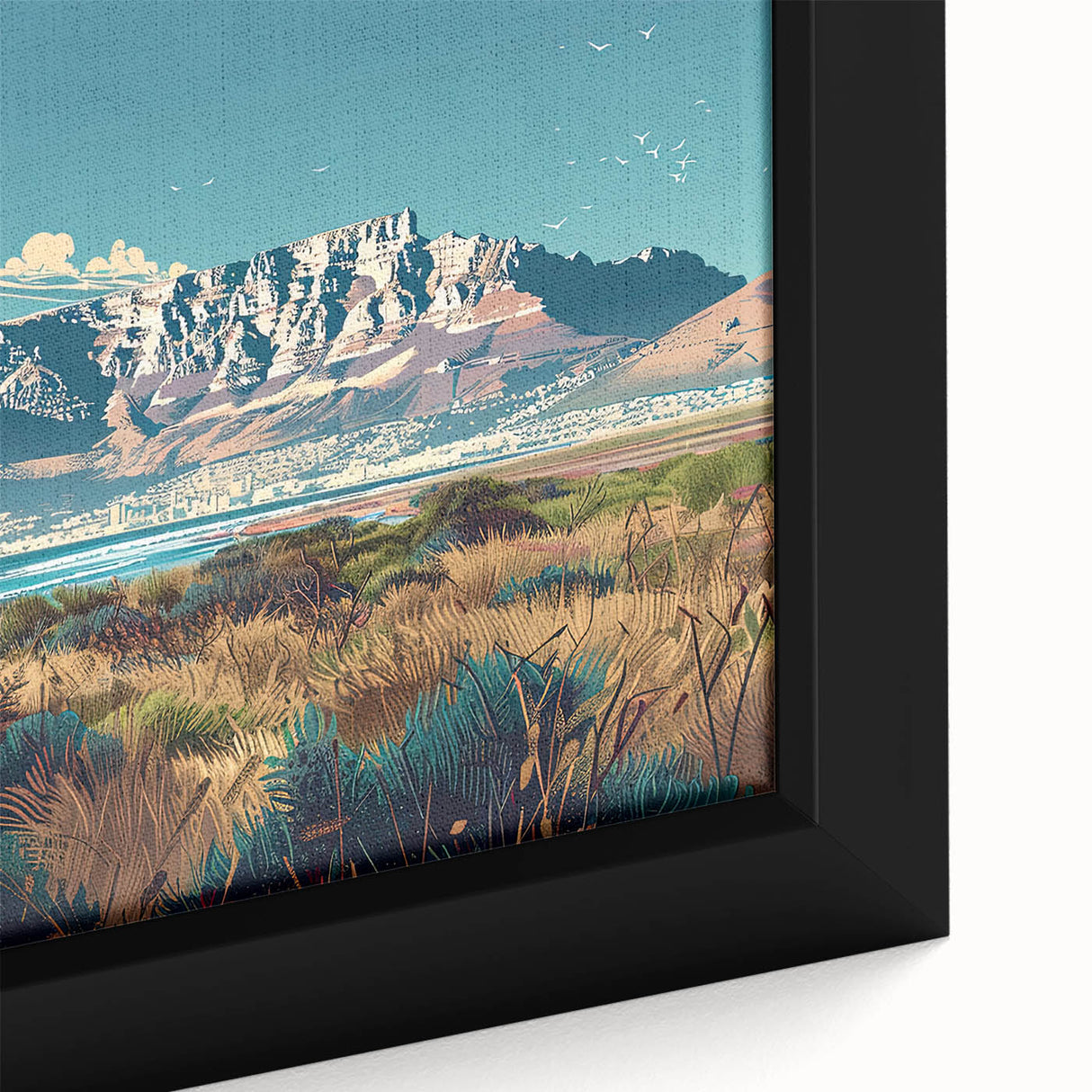 Extra large framed canvas featuring a textured depiction of South African scenery in vibrant, colorful hues.