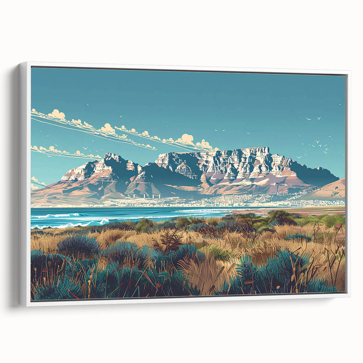 Vintage poster art of an African landscape in vibrant colors on a framed canvas, ideal for living room decor.