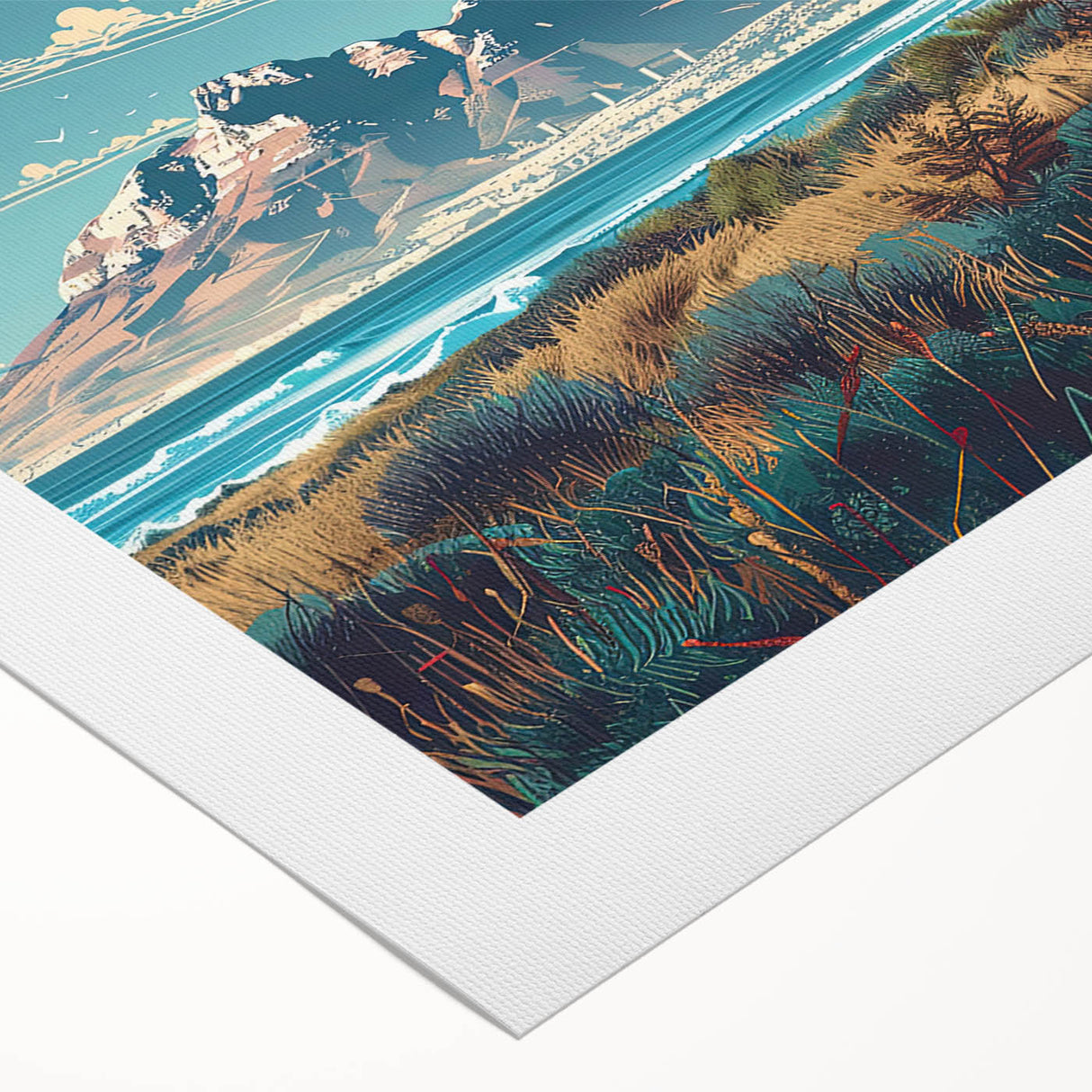 Art deco poster of an African landscape in muted earth tones on rolled canvas, suitable for dining room decor.